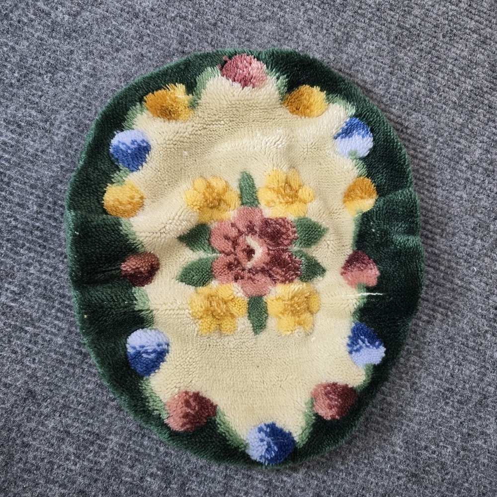 Vintage Chenille Toilet Seat Lid Cover Floral Green Pink Yellow Blue MCM 15"